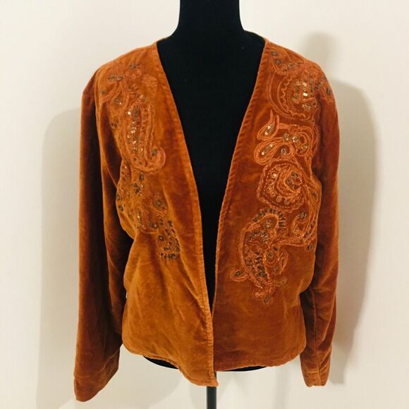 Chico's Jackets & Blazers - CHICO'S Boho Rust Velvet Cropped Beaded Embroidered Paisley Jacket 1 Small